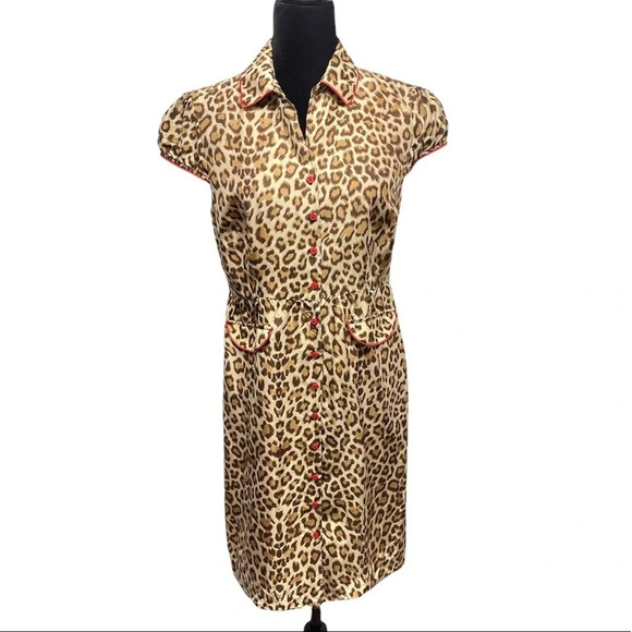 Boston Proper 100% Silk Animal Print Dress w red contrast buttons front Lined - Picture 1 of 12
